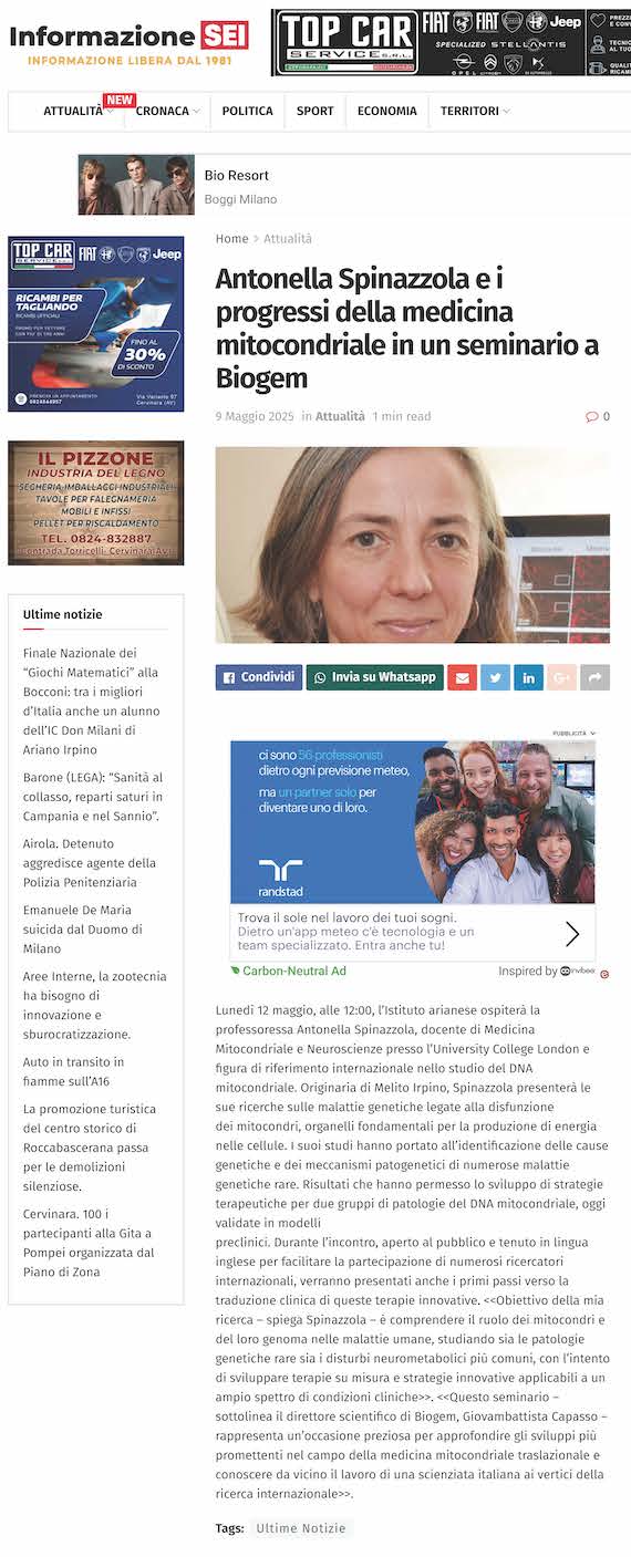 Antonella Spinazzola e i progressi della medicina mitocondriale in un seminario a Biogem